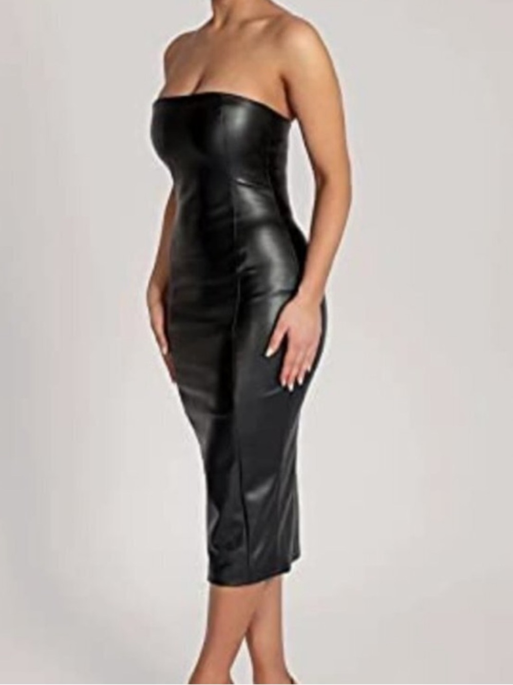 Babyboo Maxine Black Faux Leather Strapless Midi Dress bodycon small EUC - Picture 3 of 6